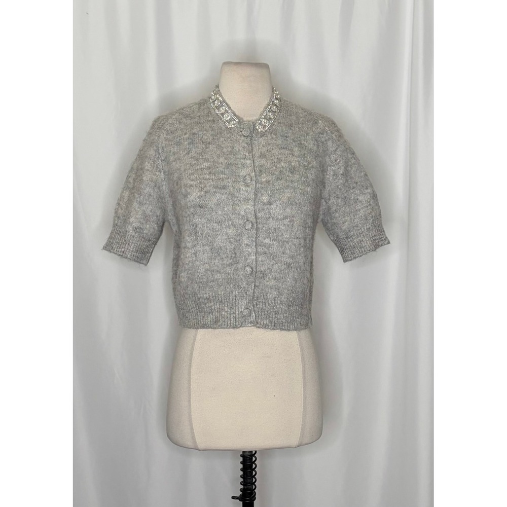 ZARA Jewel Embellished Gray Cropped Cardigan Sweater Knitwear Jewelled Large - Picture 3 of 16